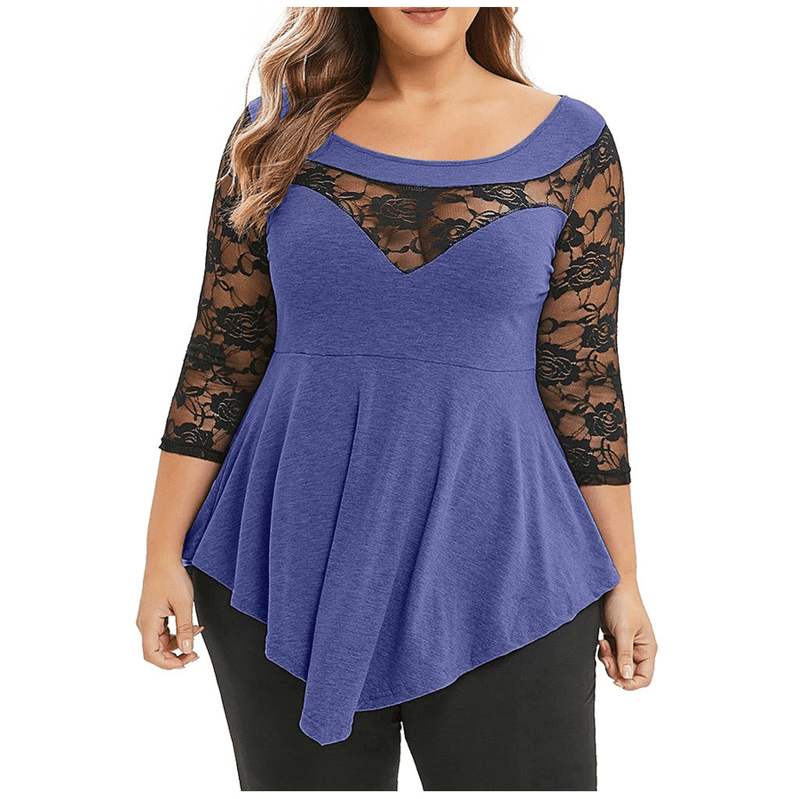 Women Plus Size Solid Floral Lace Round-Neck Asymmetric Tops