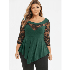 Women Plus Size Solid Floral Lace Round-Neck Asymmetric Tops