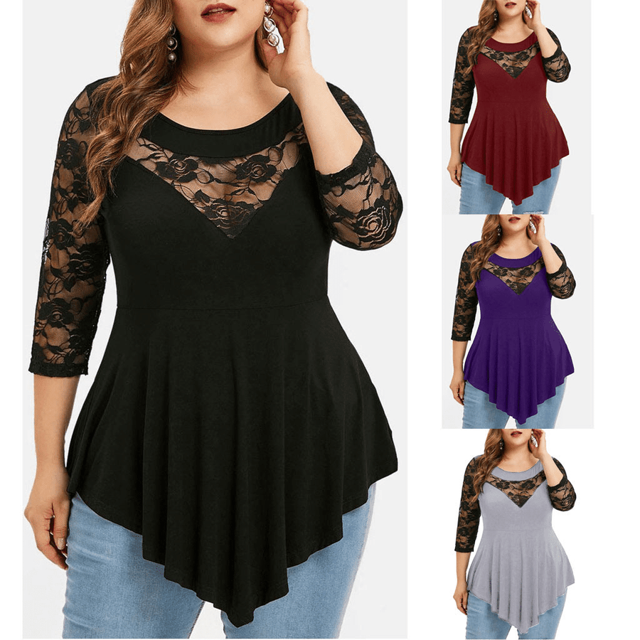 Women Plus Size Solid Floral Lace Round-Neck Asymmetric Tops