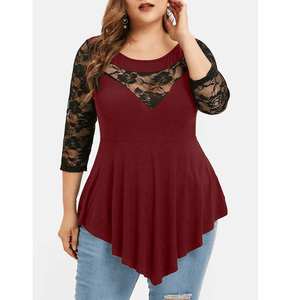 Women Plus Size Solid Floral Lace Round-Neck Asymmetric Tops