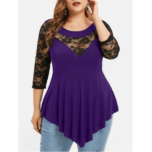 Women Plus Size Solid Floral Lace Round-Neck Asymmetric Tops