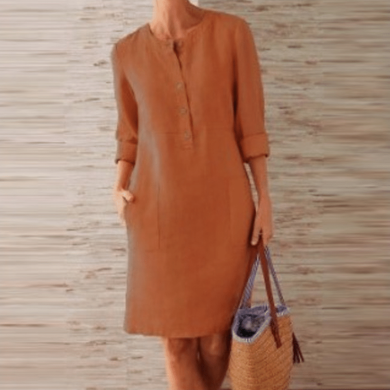 Women Casual Solid Color Long Sleeve Cotton Linen Dress