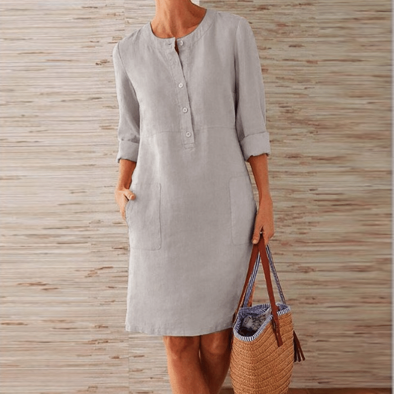 Women Casual Solid Color Long Sleeve Cotton Linen Dress