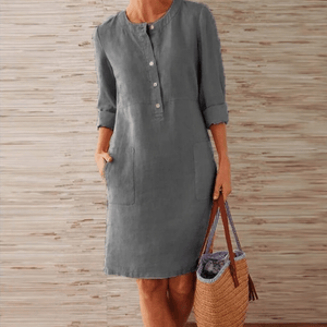 Women Casual Solid Color Long Sleeve Cotton Linen Dress