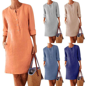 Women Casual Solid Color Long Sleeve Cotton Linen Dress