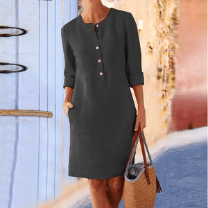 Women Casual Solid Color Long Sleeve Cotton Linen Dress