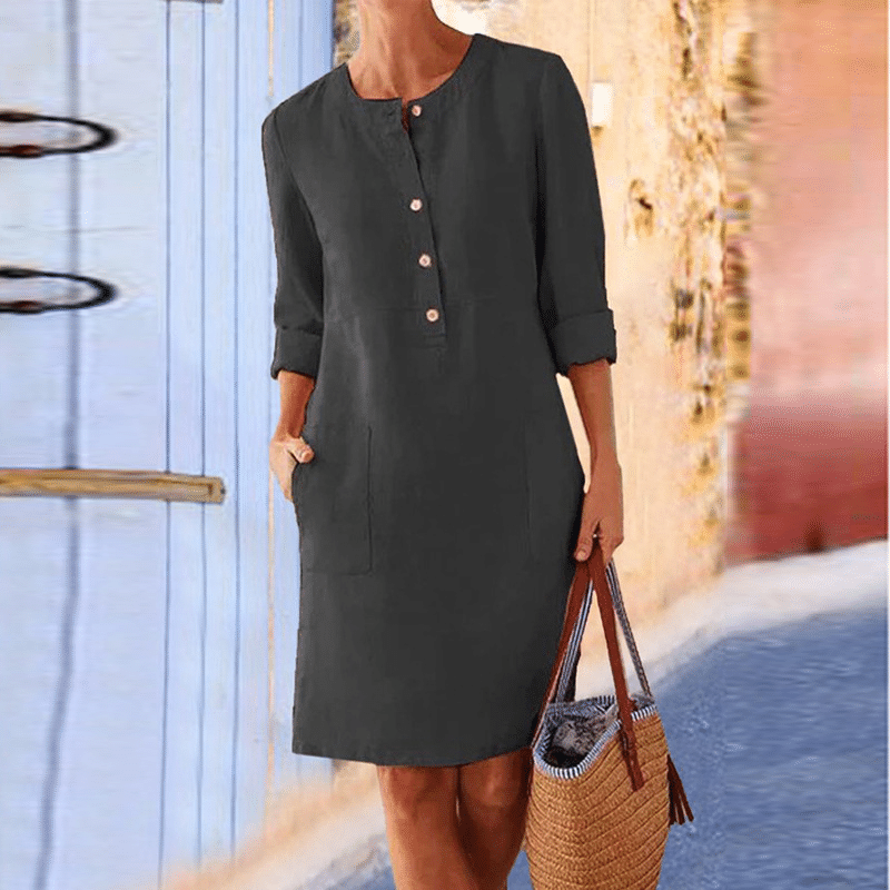 Women Casual Solid Color Long Sleeve Cotton Linen Dress