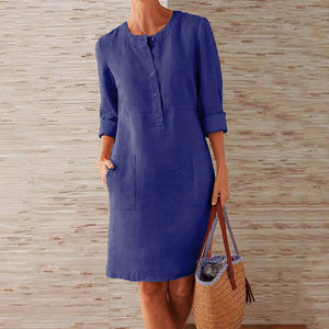 Women Casual Solid Color Long Sleeve Cotton Linen Dress