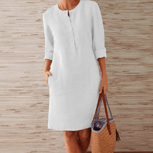 Women Casual Solid Color Long Sleeve Cotton Linen Dress