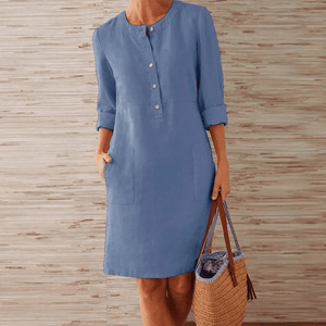 Women Casual Solid Color Long Sleeve Cotton Linen Dress