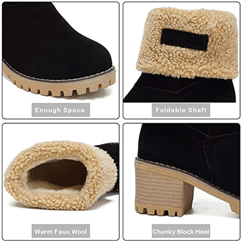 Women Cute Warm Short Boots Suede Chunky Mid Heel Round Toe Winter Snow Ankle Booties