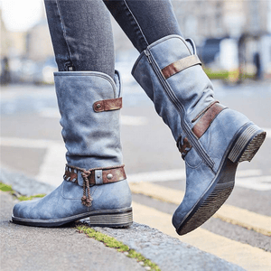 Women's Buckle Zipper Mid-Calf Boots Nubuck Low Heel Boots