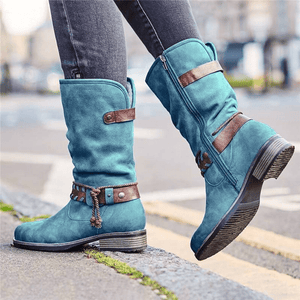 Women's Buckle Zipper Mid-Calf Boots Nubuck Low Heel Boots