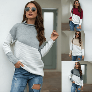 Women Round Neckline Color Block Casual Loose Regular Shift Sweaters