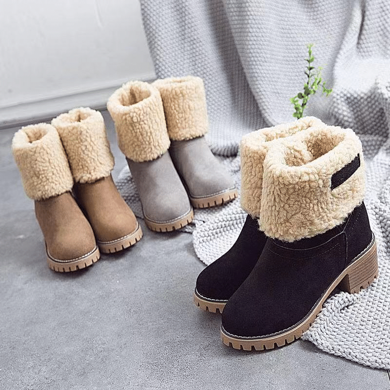 Women Cute Warm Short Boots Suede Chunky Mid Heel Round Toe Winter Snow Ankle Booties