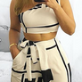 Colorblock One Shoulder Cropped Wide Pants Set